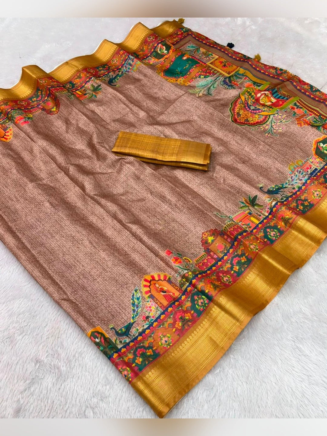 Peachmode Mauve & Mustard Dola Silk Position Digital Print Saree - Image 6