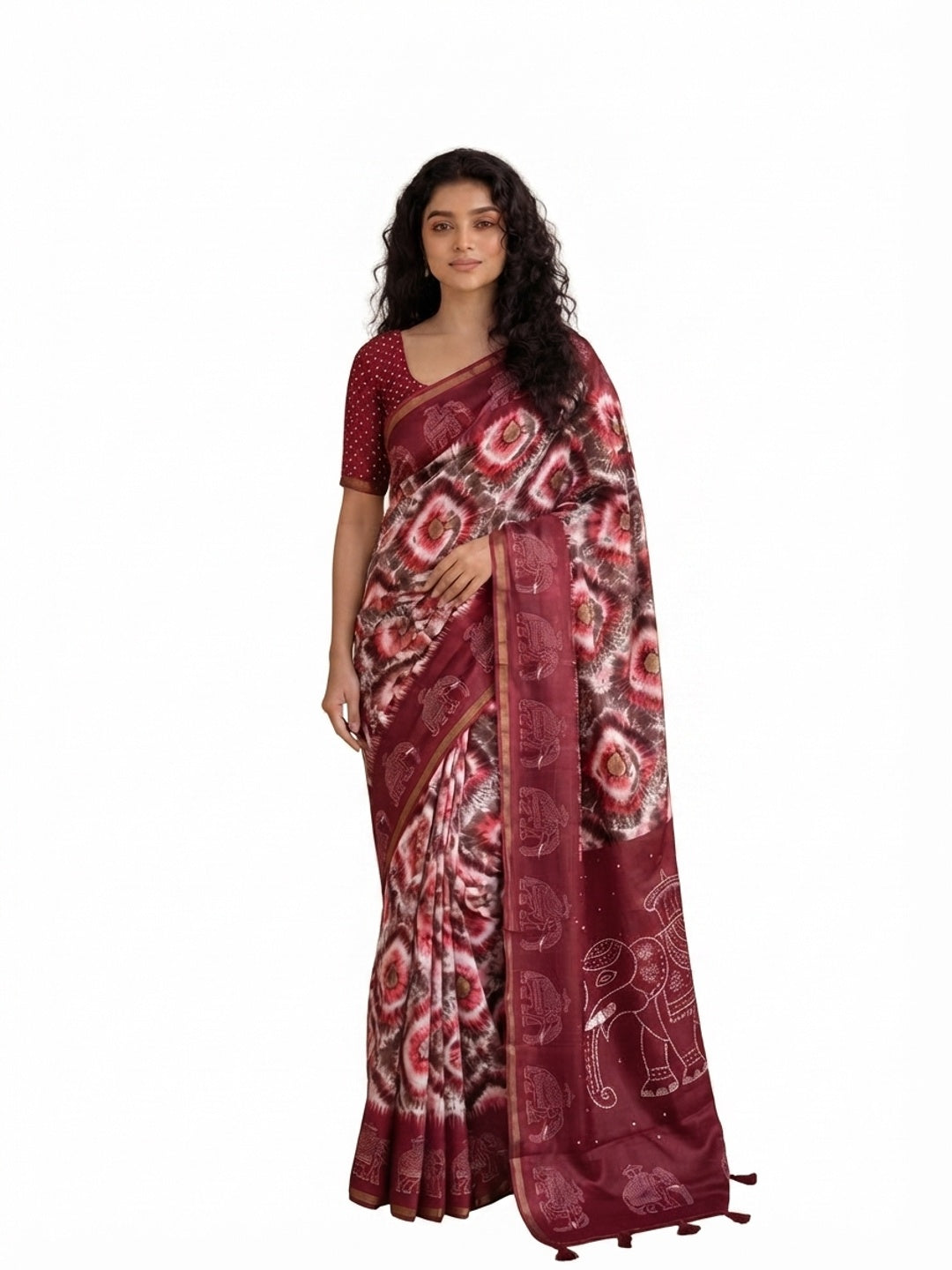 Peachmode Wine Malai Cotton Fancy Digital Print Saree - Image 8