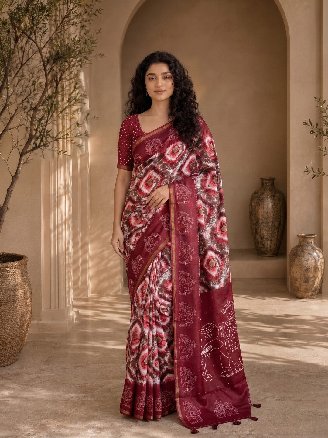 Peachmode Wine Malai Cotton Fancy Digital Print Saree - Image 1
