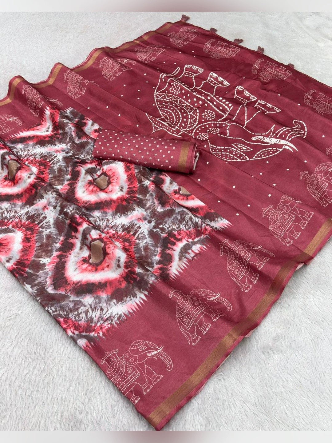 Peachmode Wine Malai Cotton Fancy Digital Print Saree - Image 5