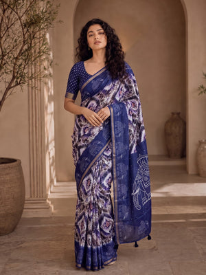 Peachmode Purple Malai Cotton Fancy Digital Print Saree - Image 1