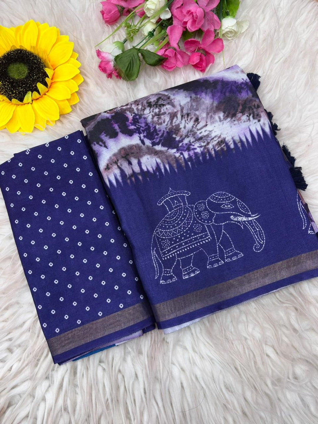 Peachmode Purple Malai Cotton Fancy Digital Print Saree - Image 7