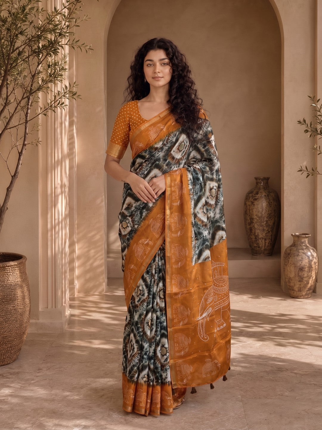 Peachmode Mustard Malai Cotton Fancy Digital Print Saree - Image 3