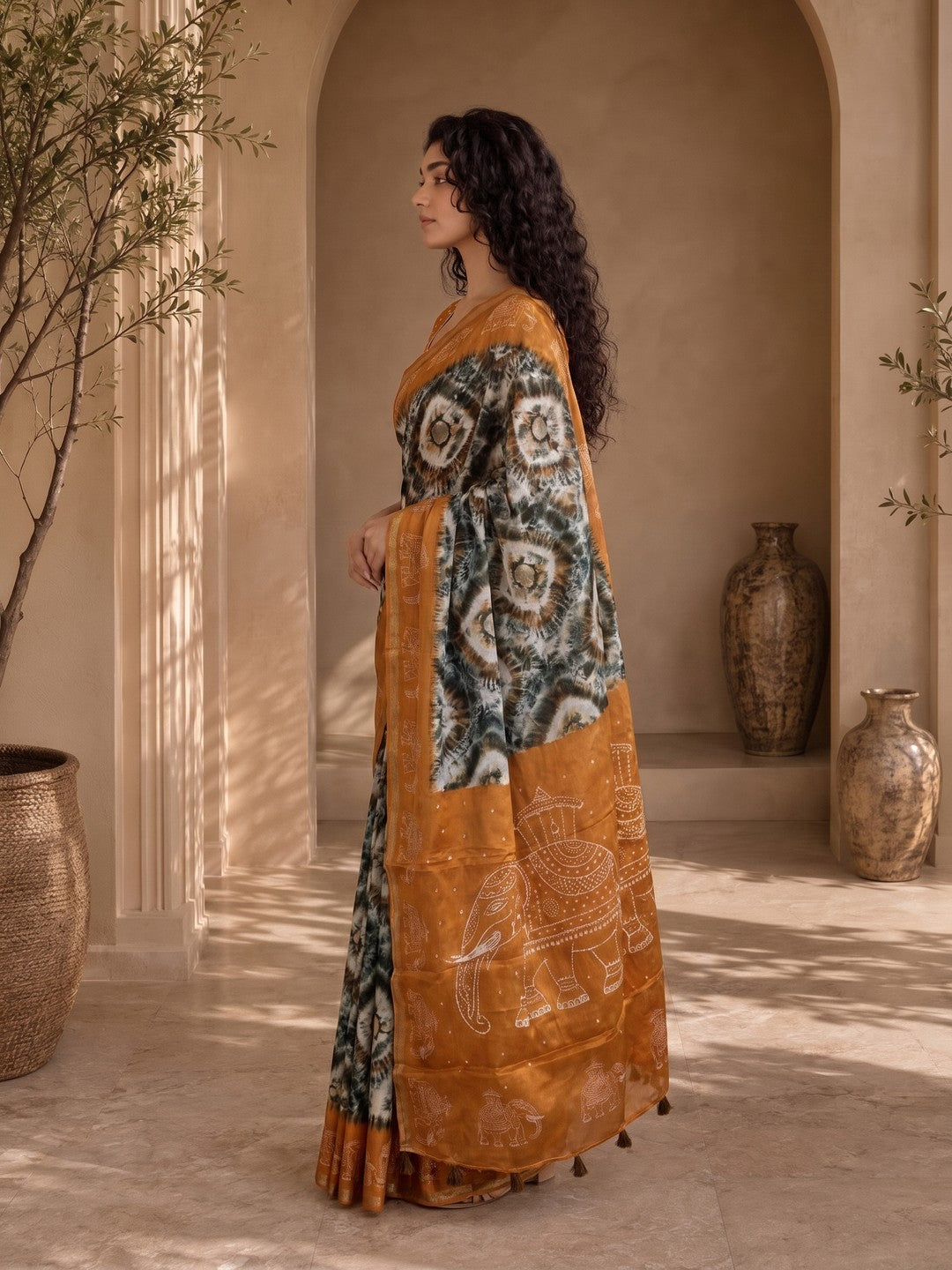 Peachmode Mustard Malai Cotton Fancy Digital Print Saree - Image 4