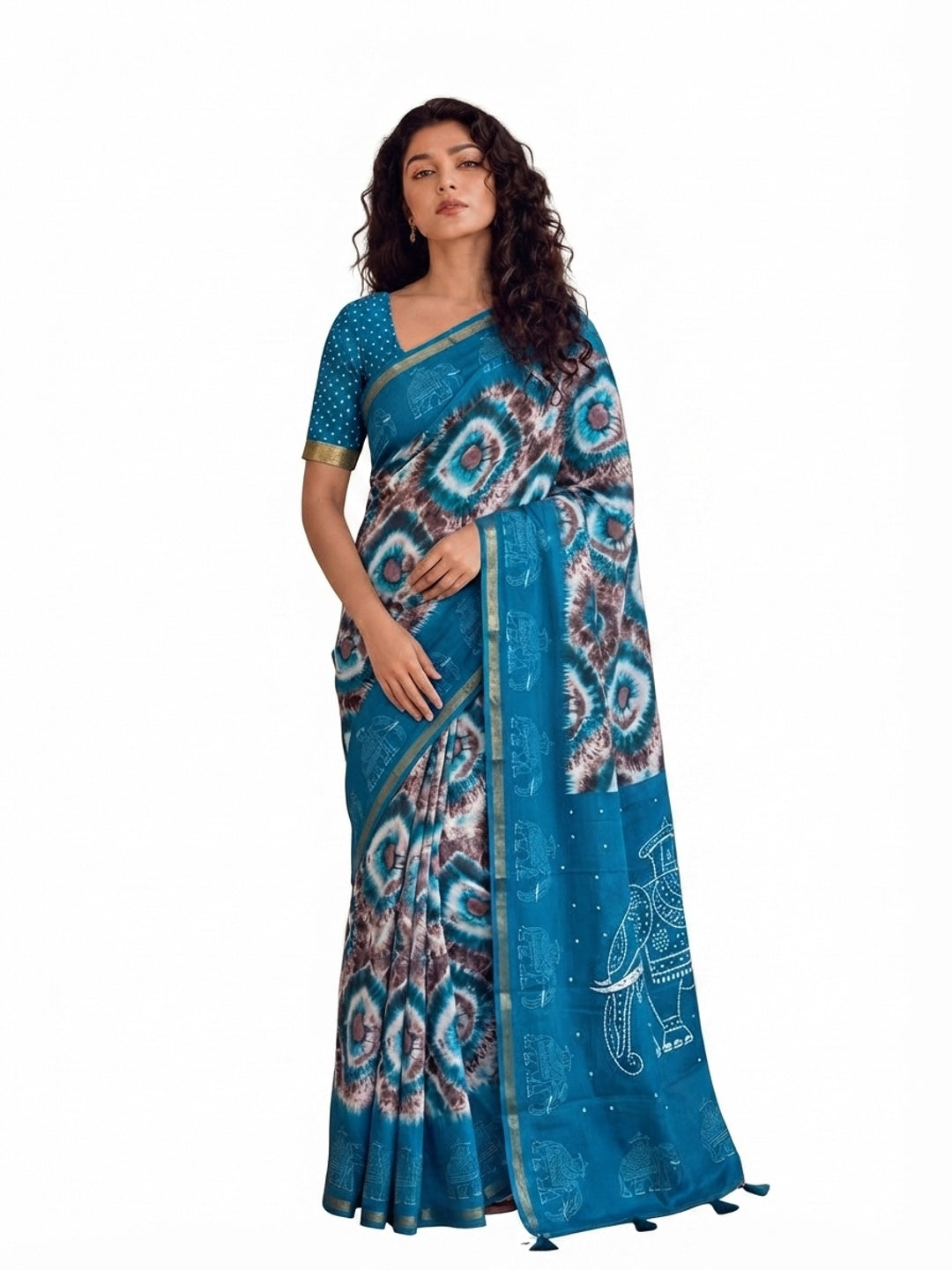Peachmode Blue Malai Cotton Fancy Digital Print Saree - Image 8