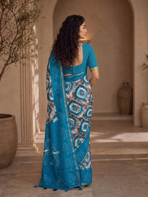 Peachmode Blue Malai Cotton Fancy Digital Print Saree - Image 2