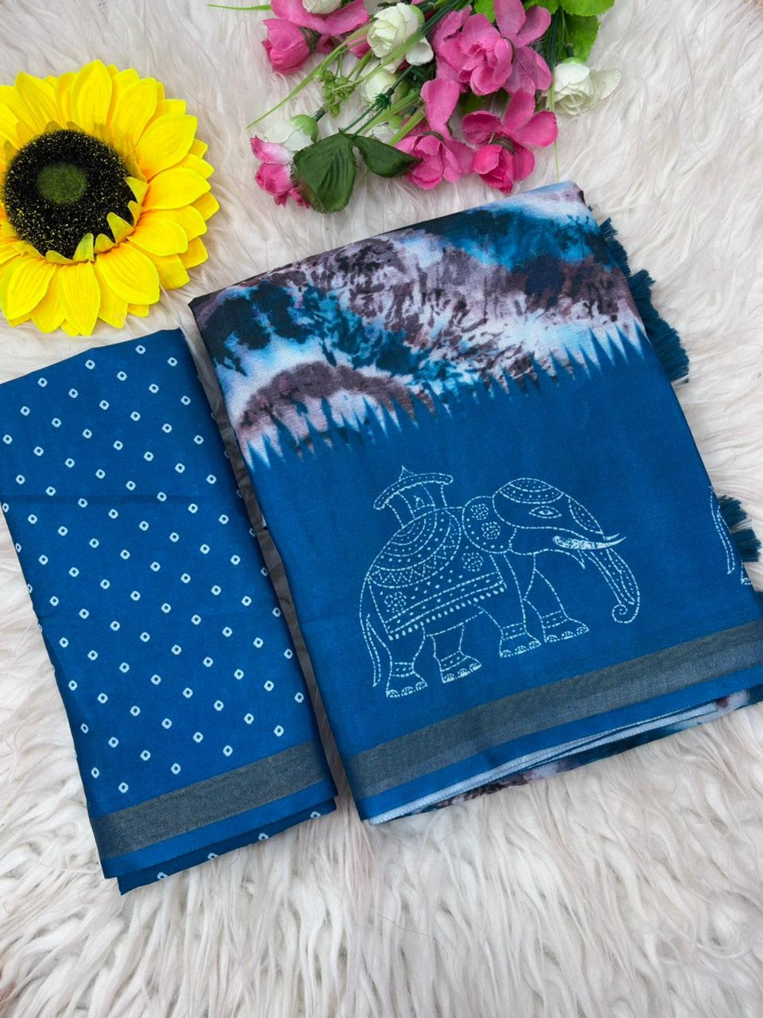 Peachmode Blue Malai Cotton Fancy Digital Print Saree - Image 7