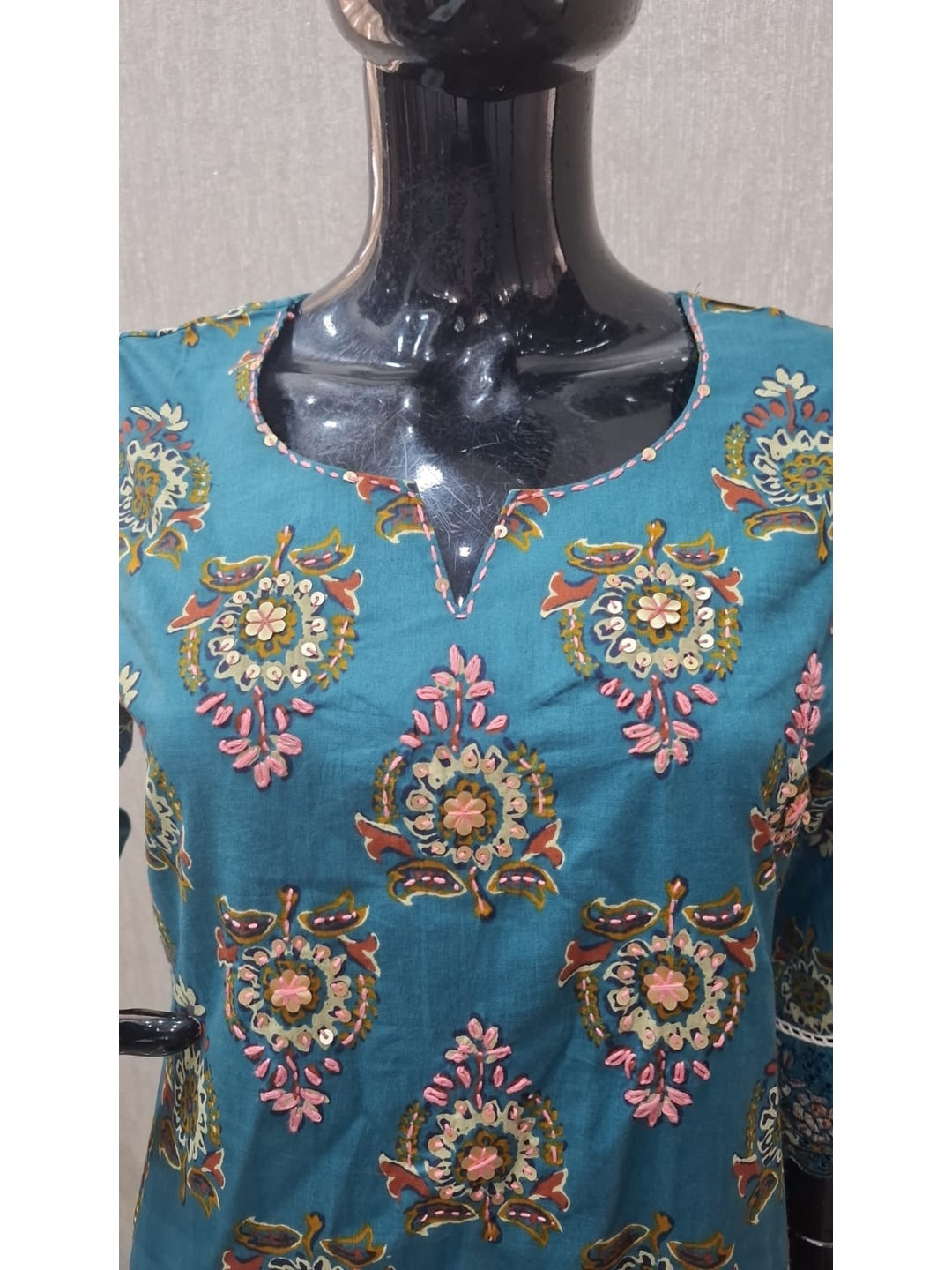 Peacock Blue Cotton Embroidered Salwar Suit Set - Image 3
