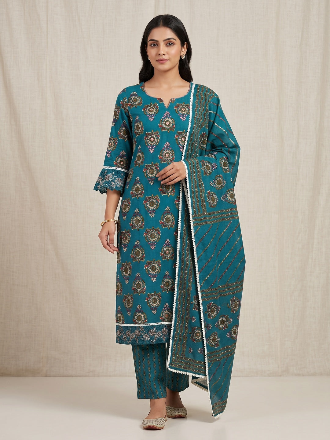 Peacock Blue Cotton Embroidered Salwar Suit Set - Image 1