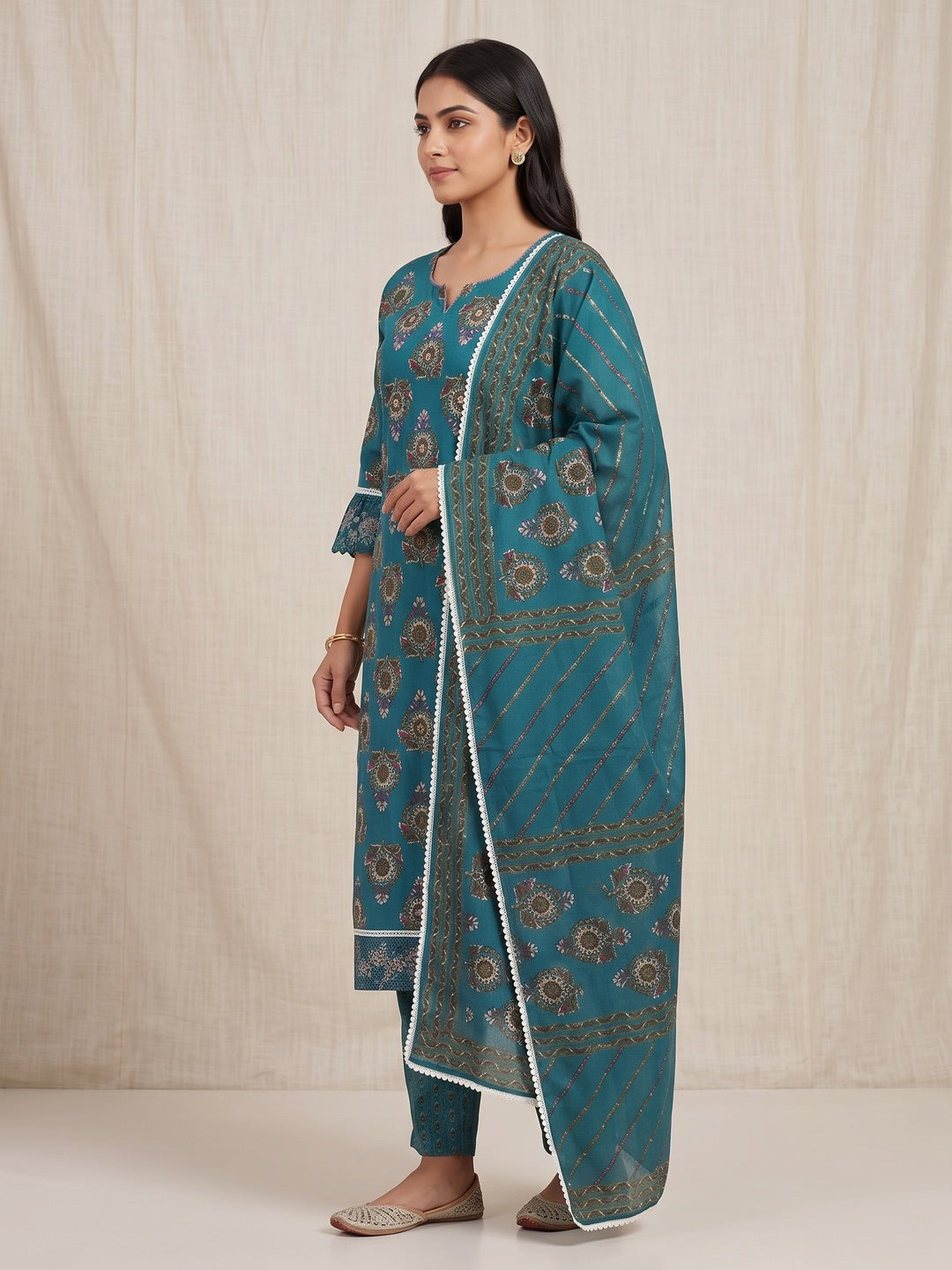 Peacock Blue Cotton Embroidered Salwar Suit Set - Image 5