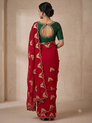 Peachmode Red Georgette Embroidered Saree - Image 2
