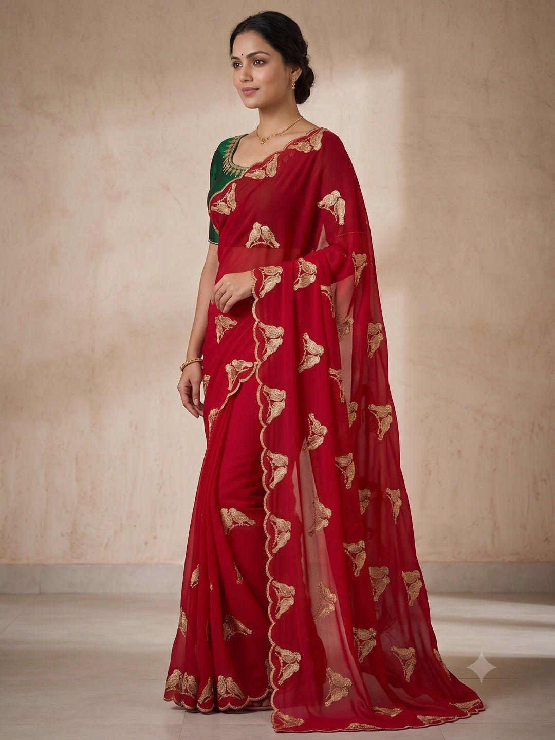 Peachmode Red Georgette Embroidered Saree - Image 3
