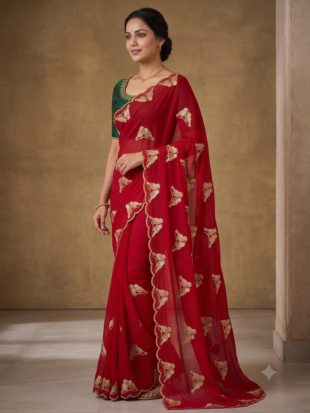 Peachmode Red Georgette Embroidered Saree - Image 4