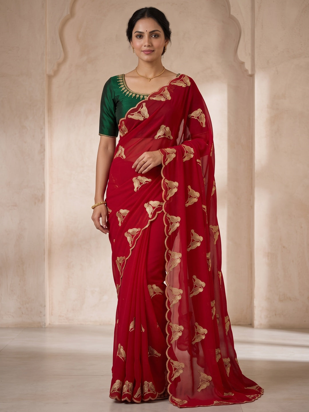 Peachmode Red Georgette Embroidered Saree - Image 5