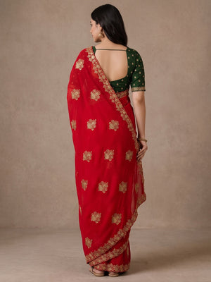 Peachmode Red Georgette Embroidered Saree - Image 2