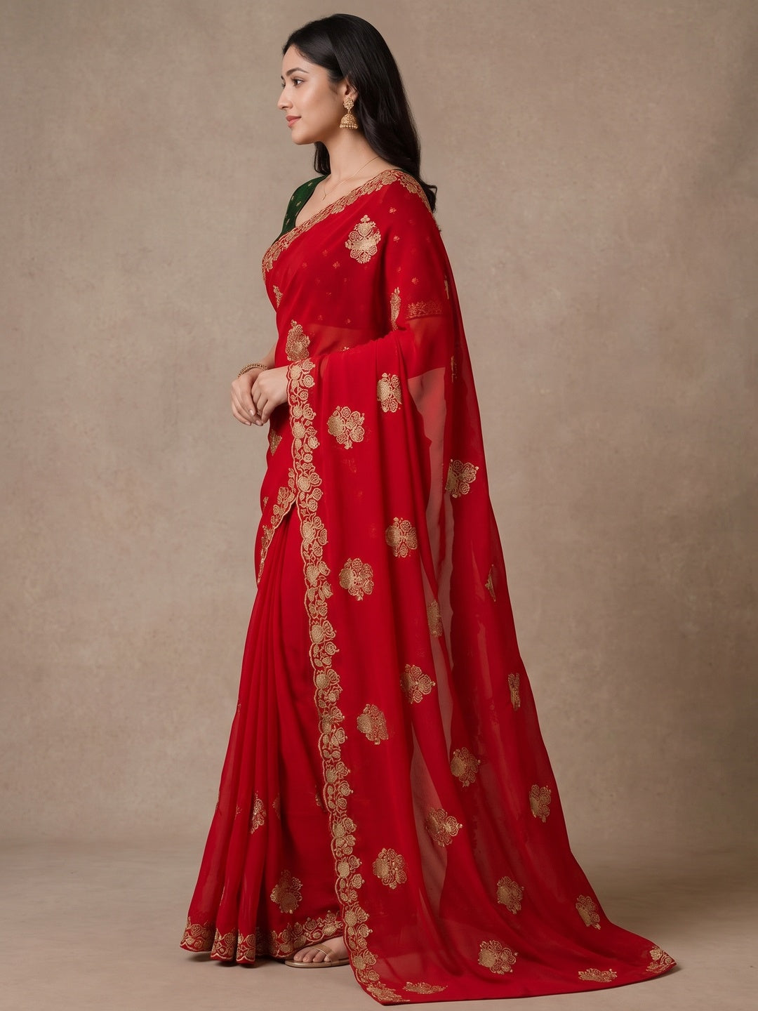 Peachmode Red Georgette Embroidered Saree - Image 4