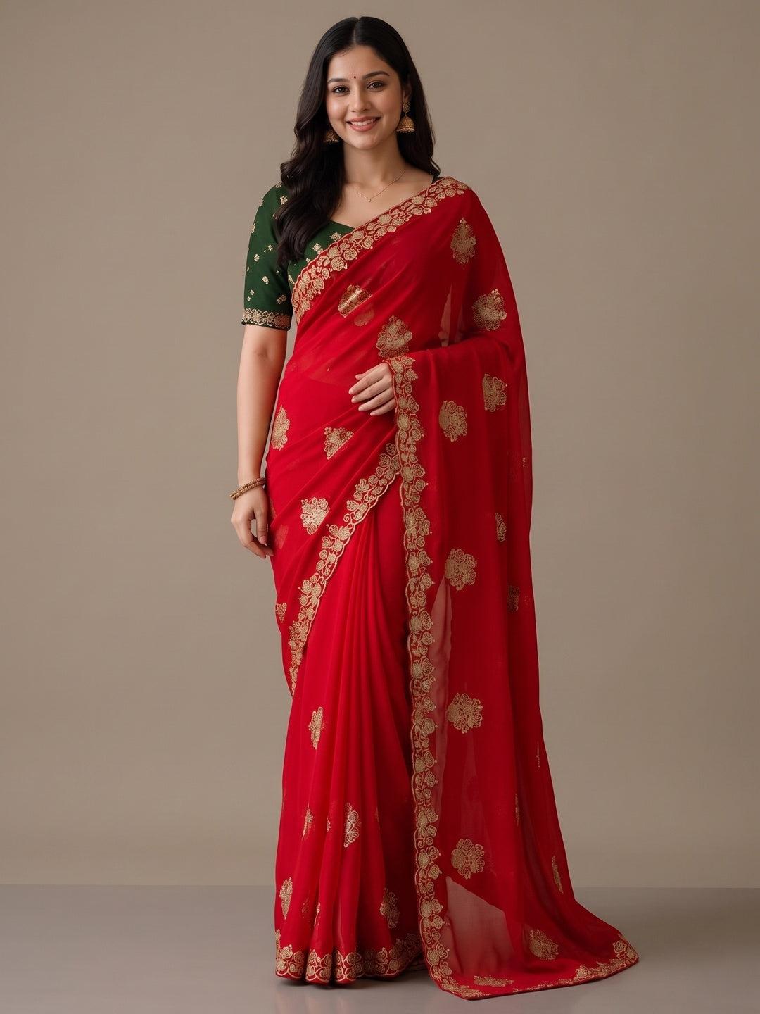 Peachmode Red Georgette Embroidered Saree - Image 5