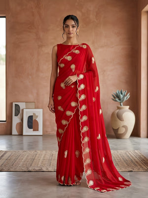 Peachmode Red Georgette Embroidered Saree - Image 1