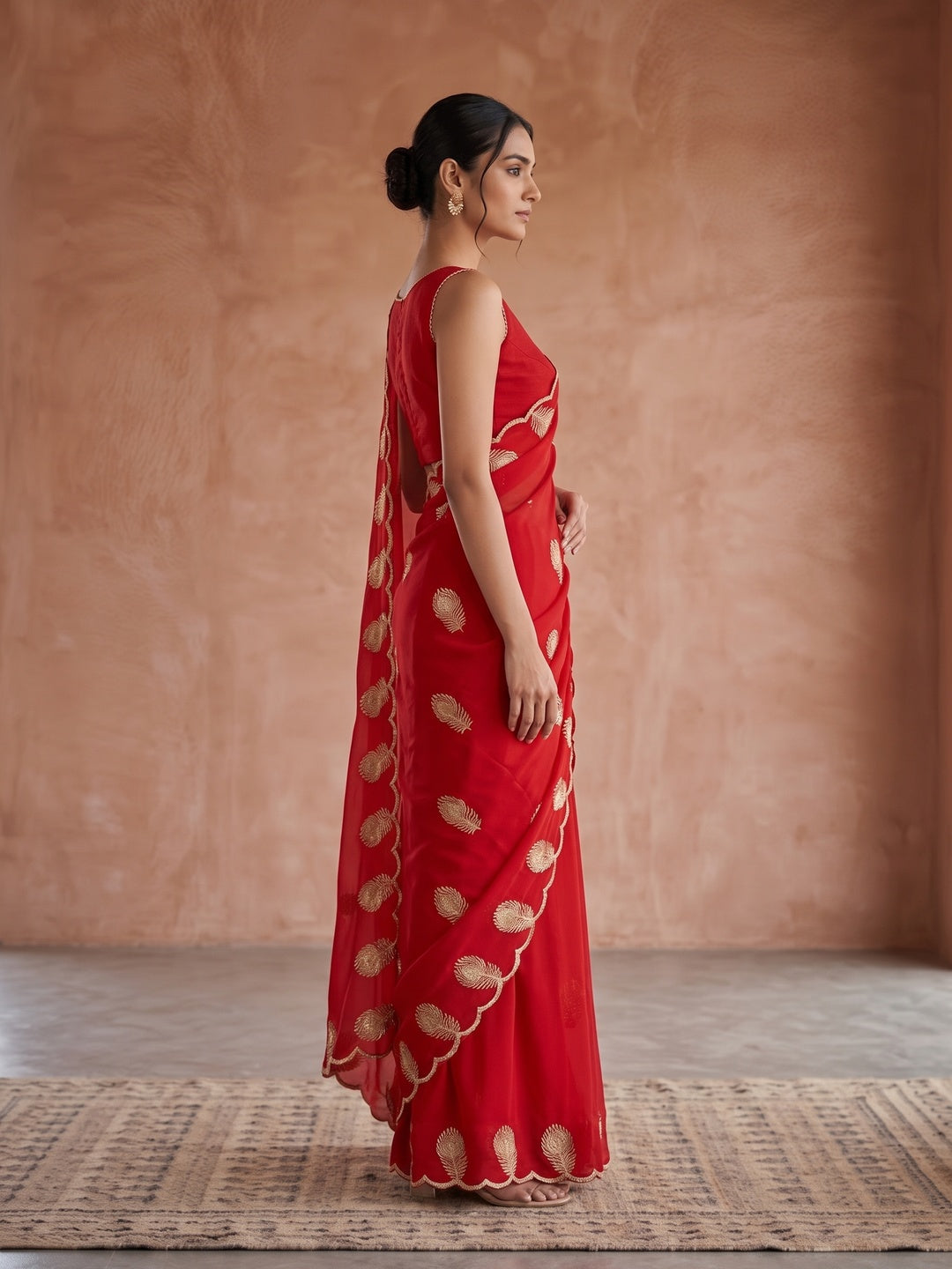Peachmode Red Georgette Embroidered Saree - Image 4