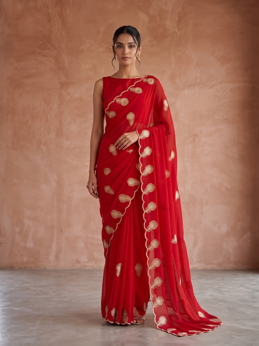 Peachmode Red Georgette Embroidered Saree - Image 5