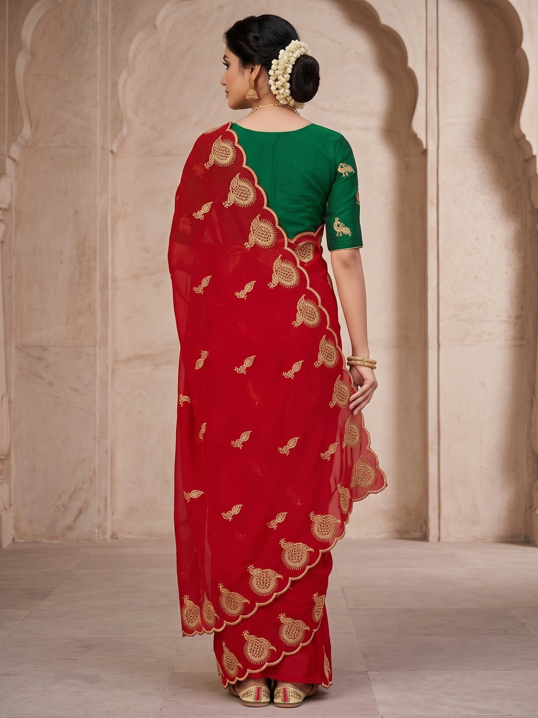 Peachmode Red Georgette Embroidered Saree - Image 2