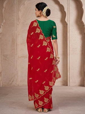 Peachmode Red Georgette Embroidered Saree - Image 2