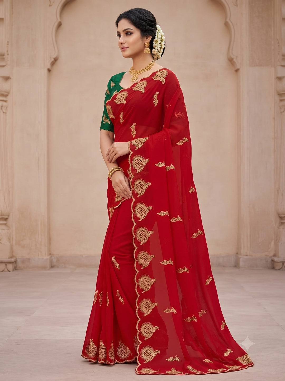 Peachmode Red Georgette Embroidered Saree - Image 3