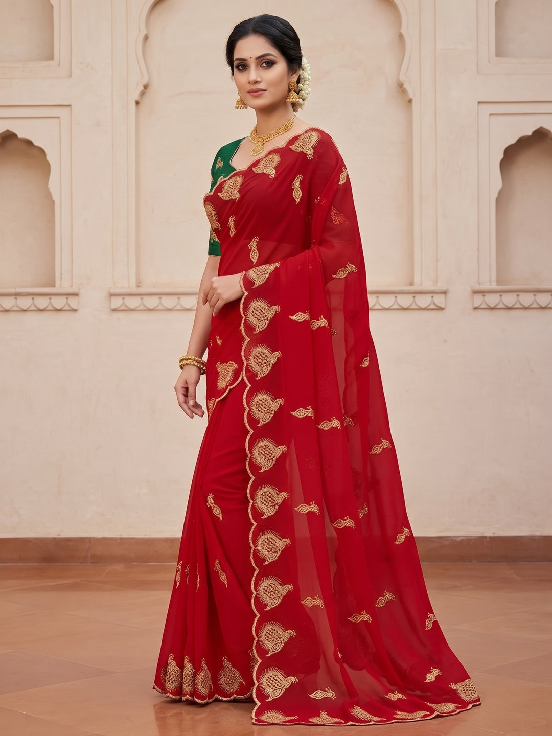 Peachmode Red Georgette Embroidered Saree - Image 4