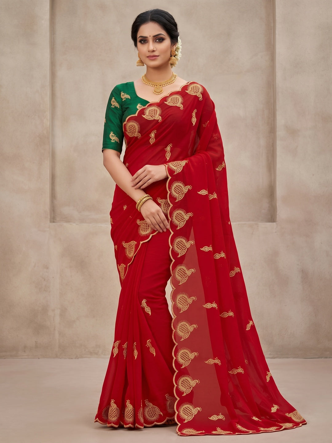 Peachmode Red Georgette Embroidered Saree - Image 5