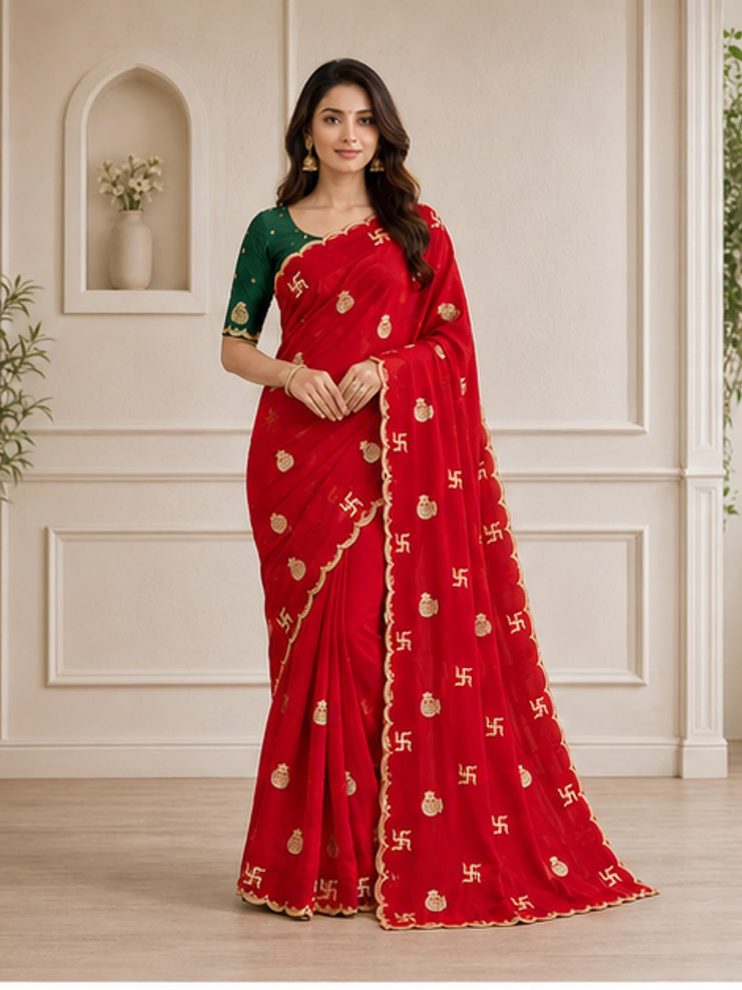 Peachmode Red Georgette Embroidered Saree - Image 2