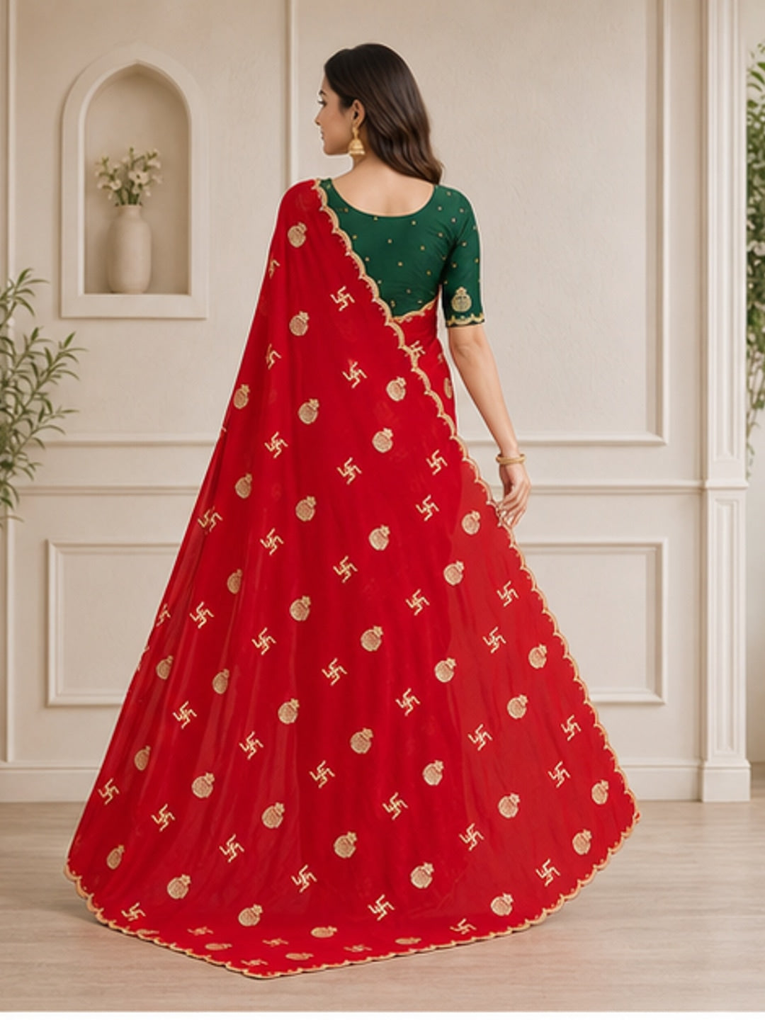 Peachmode Red Georgette Embroidered Saree - Image 3