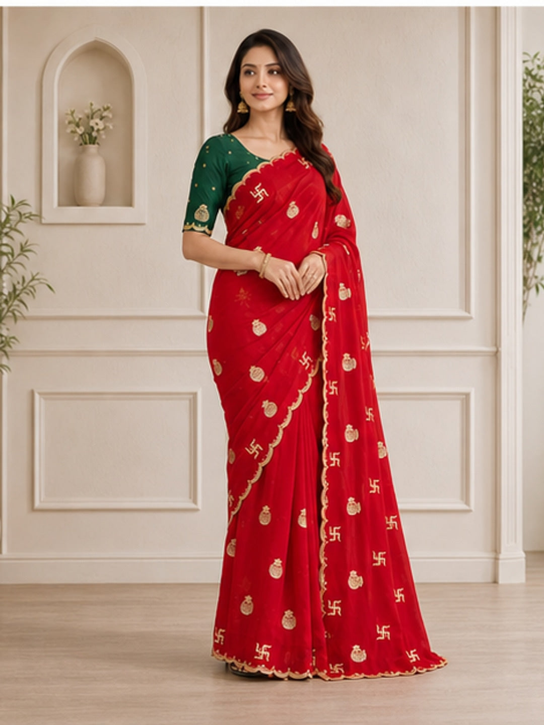 Peachmode Red Georgette Embroidered Saree - Image 5