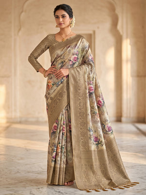 Peachmode Beige Floral Printed Woven Art Silk Saree - Image 1