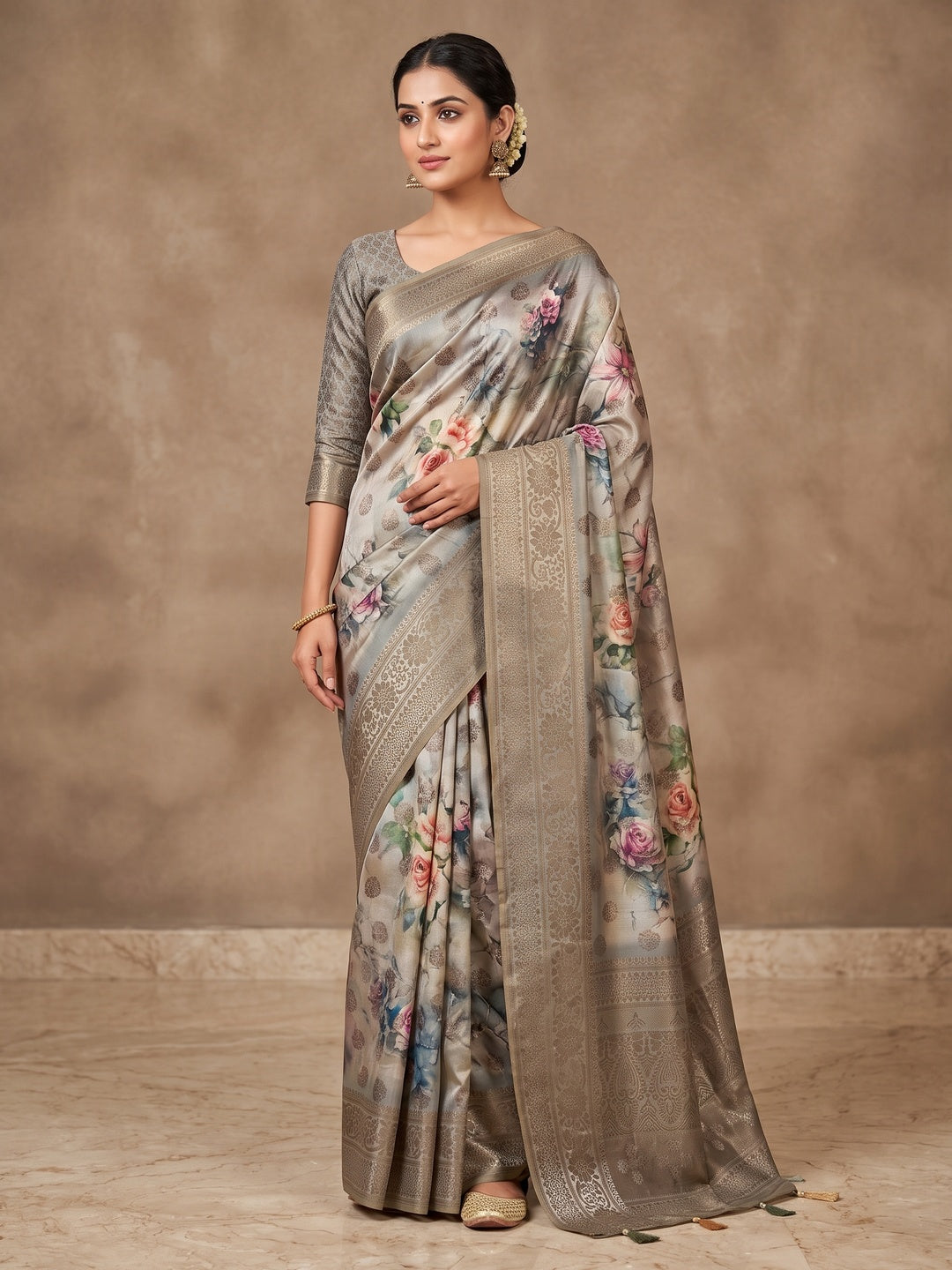 Peachmode Grey Floral Printed Woven Art Silk Saree - Image 2