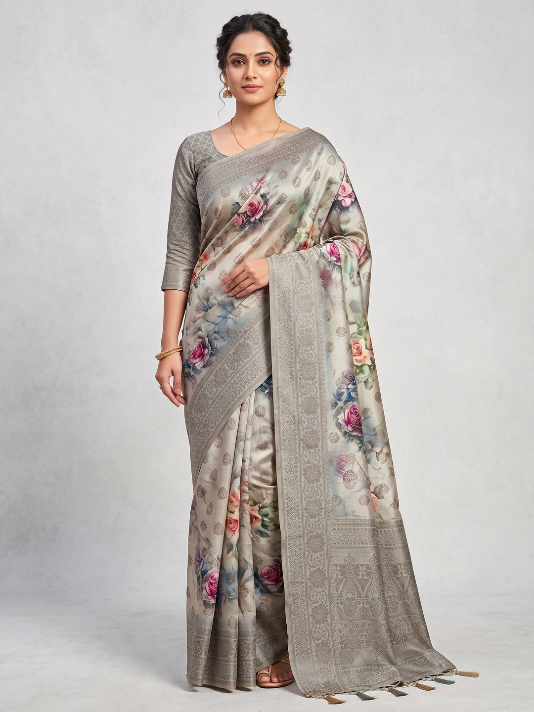 Peachmode Grey Floral Printed Woven Art Silk Saree - Image 1