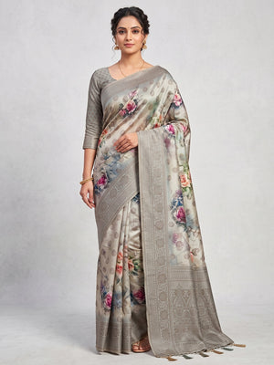 Peachmode Grey Floral Printed Woven Art Silk Saree - Image 1