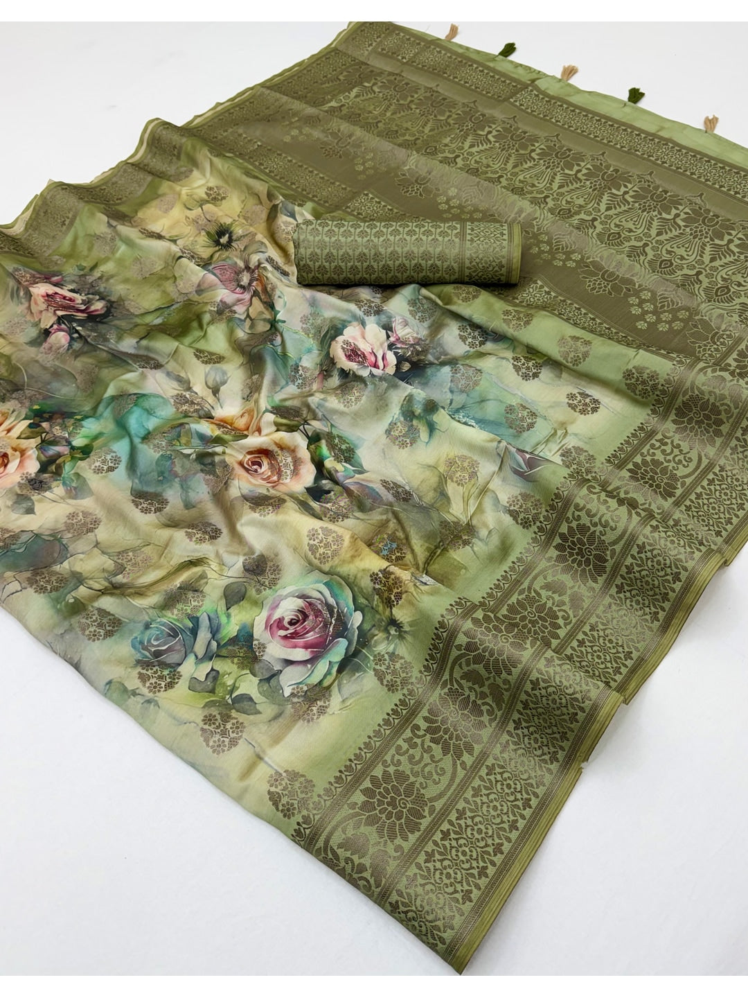 Peachmode Olive Floral Printed Woven Art Silk Saree - Image 4