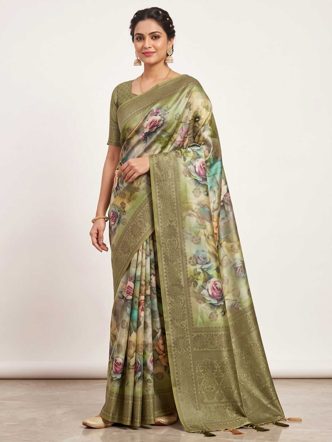 Peachmode Olive Floral Printed Woven Art Silk Saree - Image 2