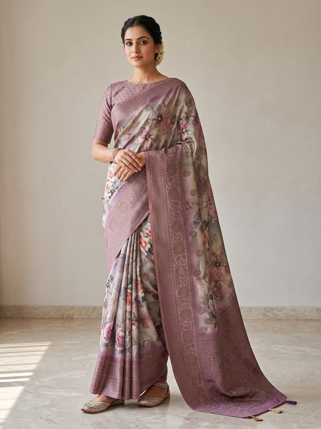 Peachmode Mauve Floral Printed Woven Art Silk Saree - Image 1