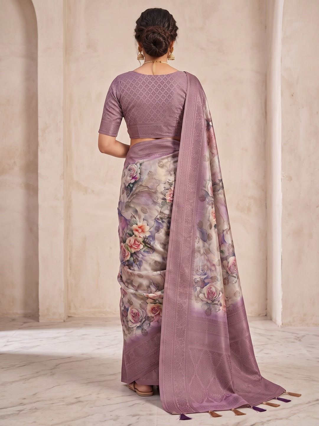 Peachmode Mauve Floral Printed Woven Art Silk Saree - Image 5