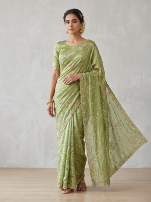 Peachmode Pista Green Embroidered Fendy Satin Silk Saree - Image 1