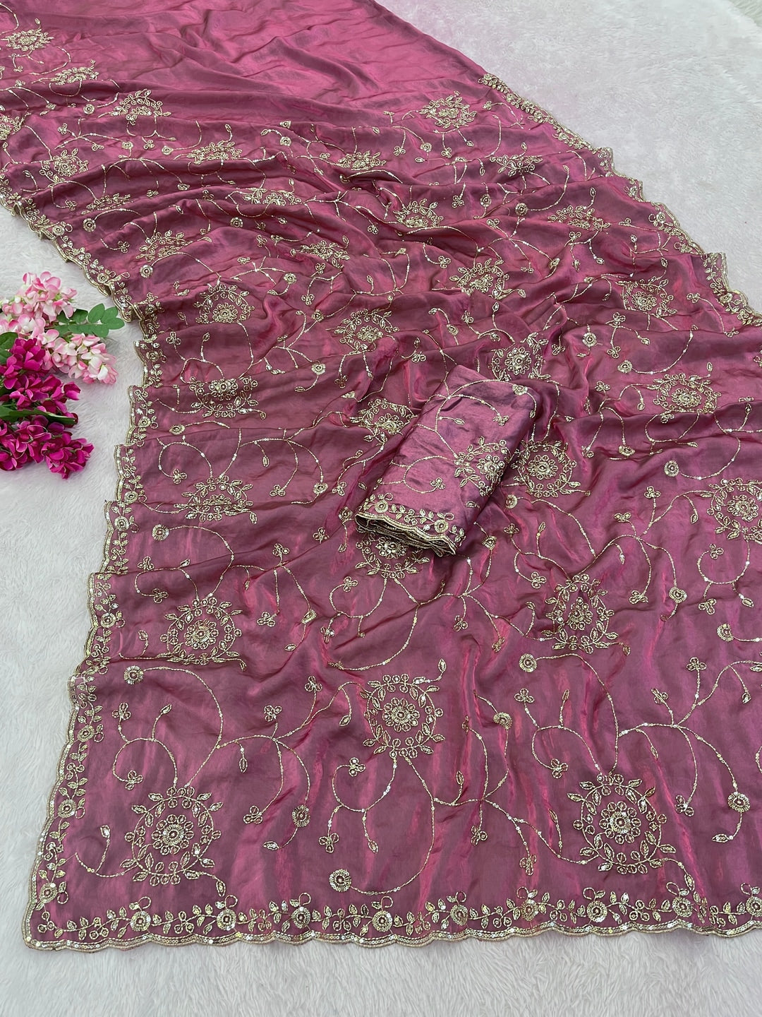 Peachmode Dusty Pink Embroidered Fendy Satin Silk Saree - Image 2