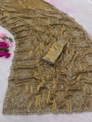 Peachmode Dusty Gold Embroidered Fendy Satin Silk Saree - Image 2