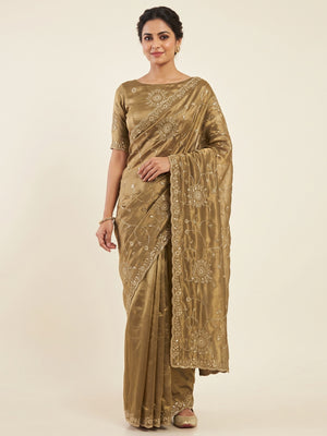 Peachmode Dusty Gold Embroidered Fendy Satin Silk Saree - Image 1