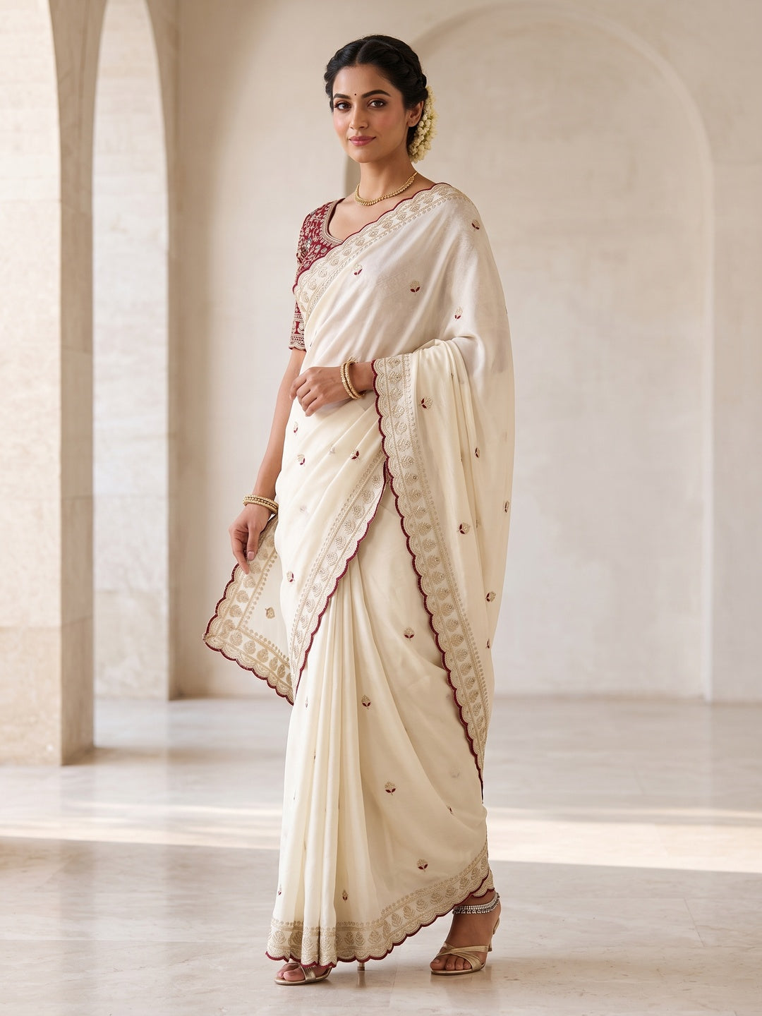 Peachmode Off White Embroidered Rangoli Silk Saree With Stitched Blouse - Image 1