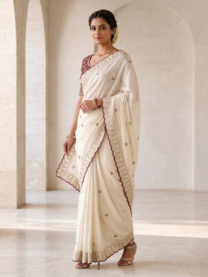 Peachmode Off White Embroidered Rangoli Silk Saree With Stitched Blouse - Image 1