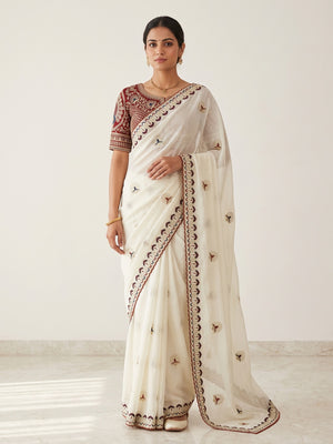 Peachmode Off White Embroidered Rangoli Silk Saree With Stitched Blouse - Image 1