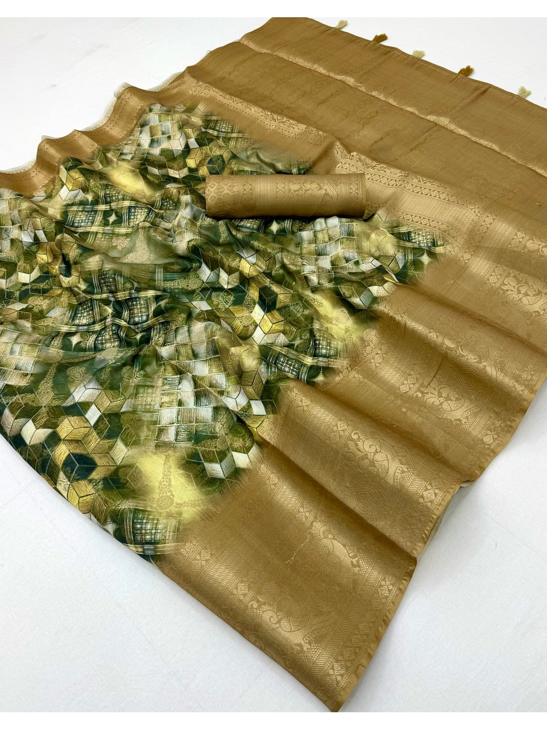 Peachmode Gold Geometric Printed Woven Art Silk Saree - Image 3