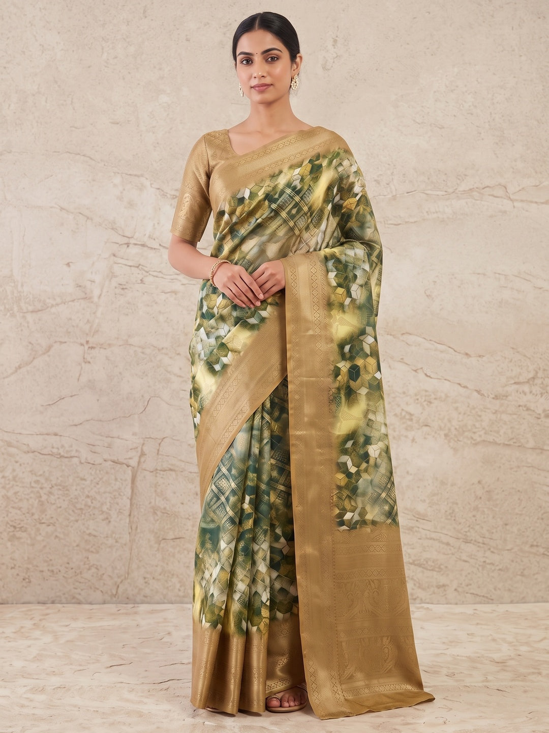 Peachmode Gold Geometric Printed Woven Art Silk Saree - Image 4