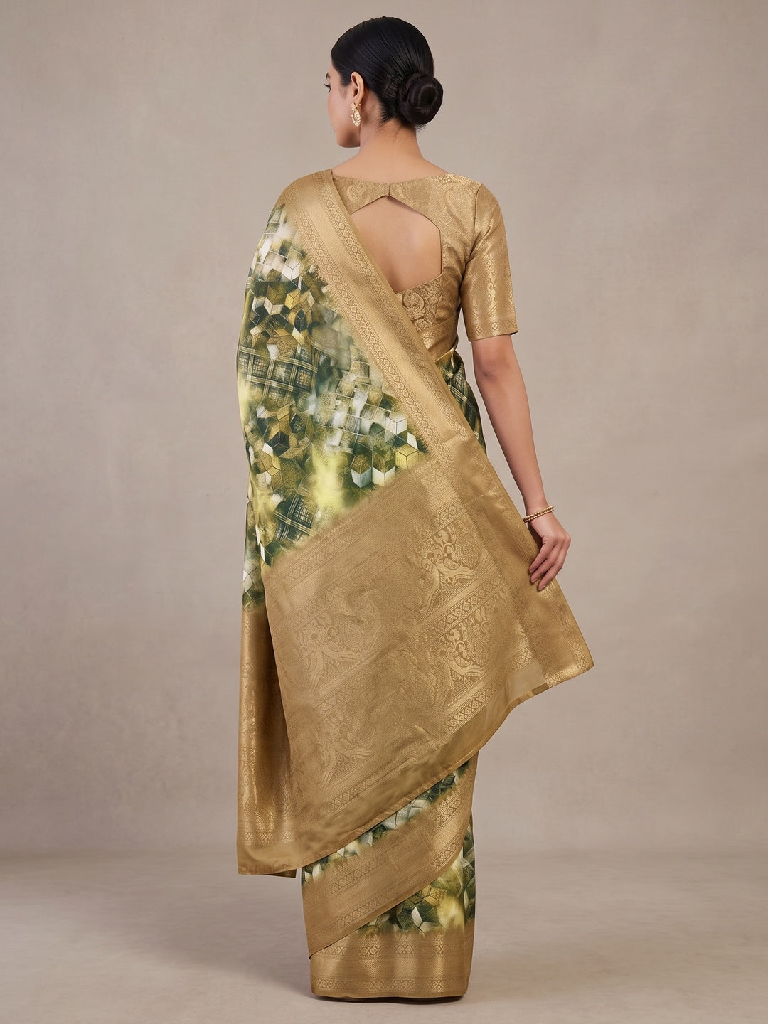 Peachmode Gold Geometric Printed Woven Art Silk Saree - Image 5